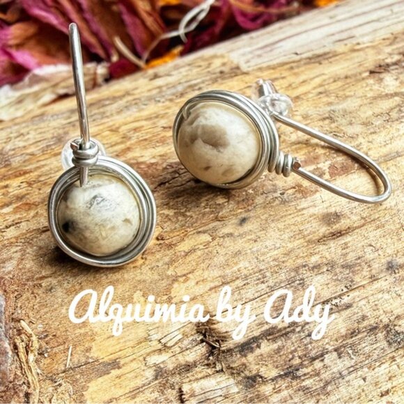 Gold Hoop Gemstone Earrings • Tiger’s Eye & Amethyst - Picture 10 of 11